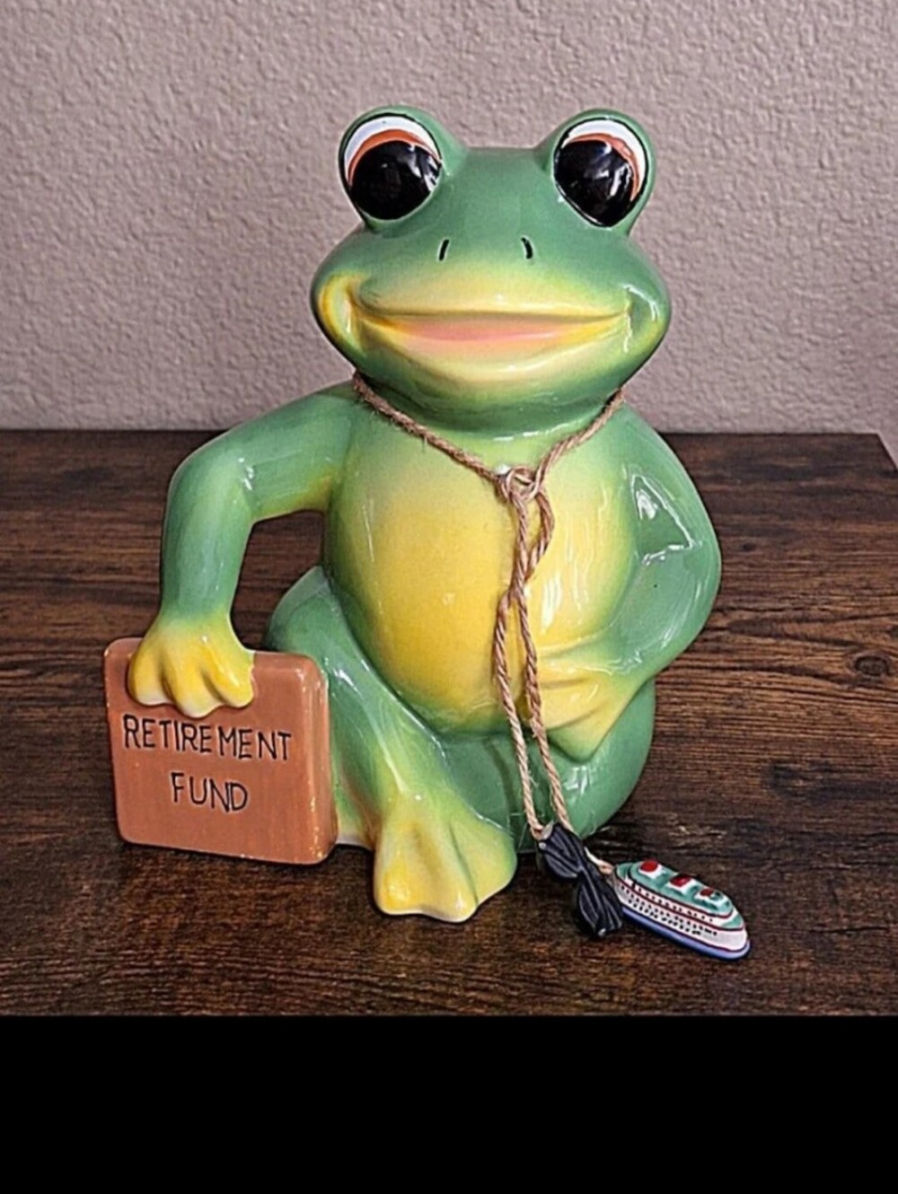 Super Cute 8" Green Frog Retirement Fund Ceramic Coin Bank.